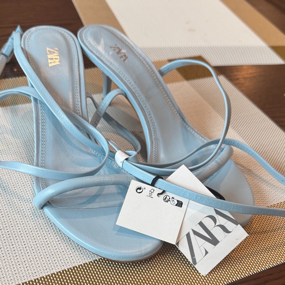 Zara Blue Strappy Sandals with Kitten Heel